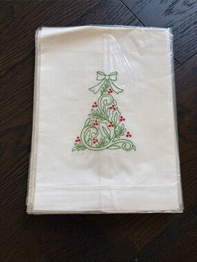 Lady Primrose set of 6 - Embroidered Holly Tree White Linen Tea Towels